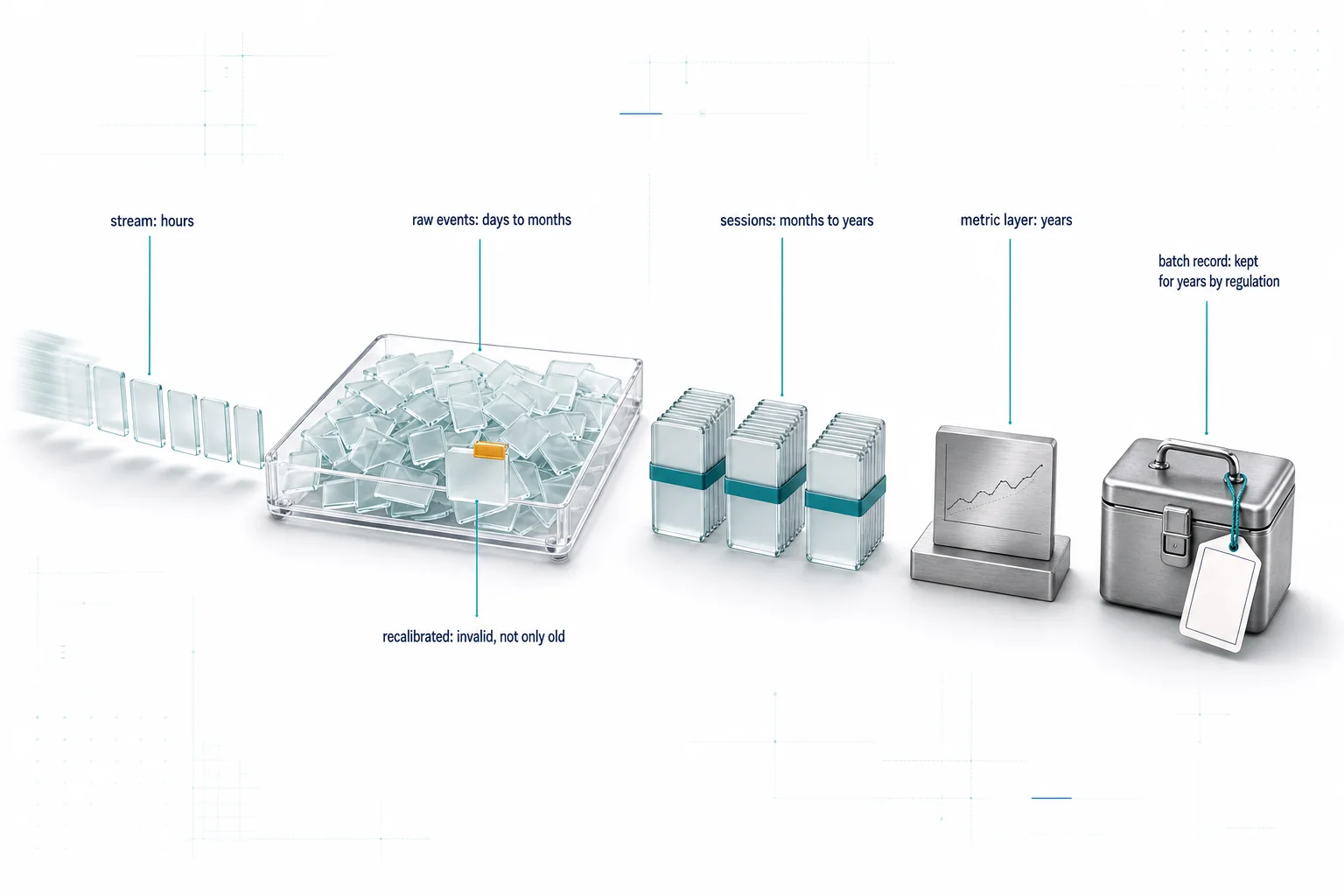 Data ages from detail to summary, left to right. A stream of glass event cards (stream: hours) flows into a tray of loose cards (raw events: days to months), then into three banded bundles (sessions: months to years), then a single engraved steel tile (metric layer: years). One card in the tray carries an amber tab: recalibrated, invalid, not only old. Apart on the right, a sealed steel strongbox with a certificate tag: the batch record, kept for years by regulation.
