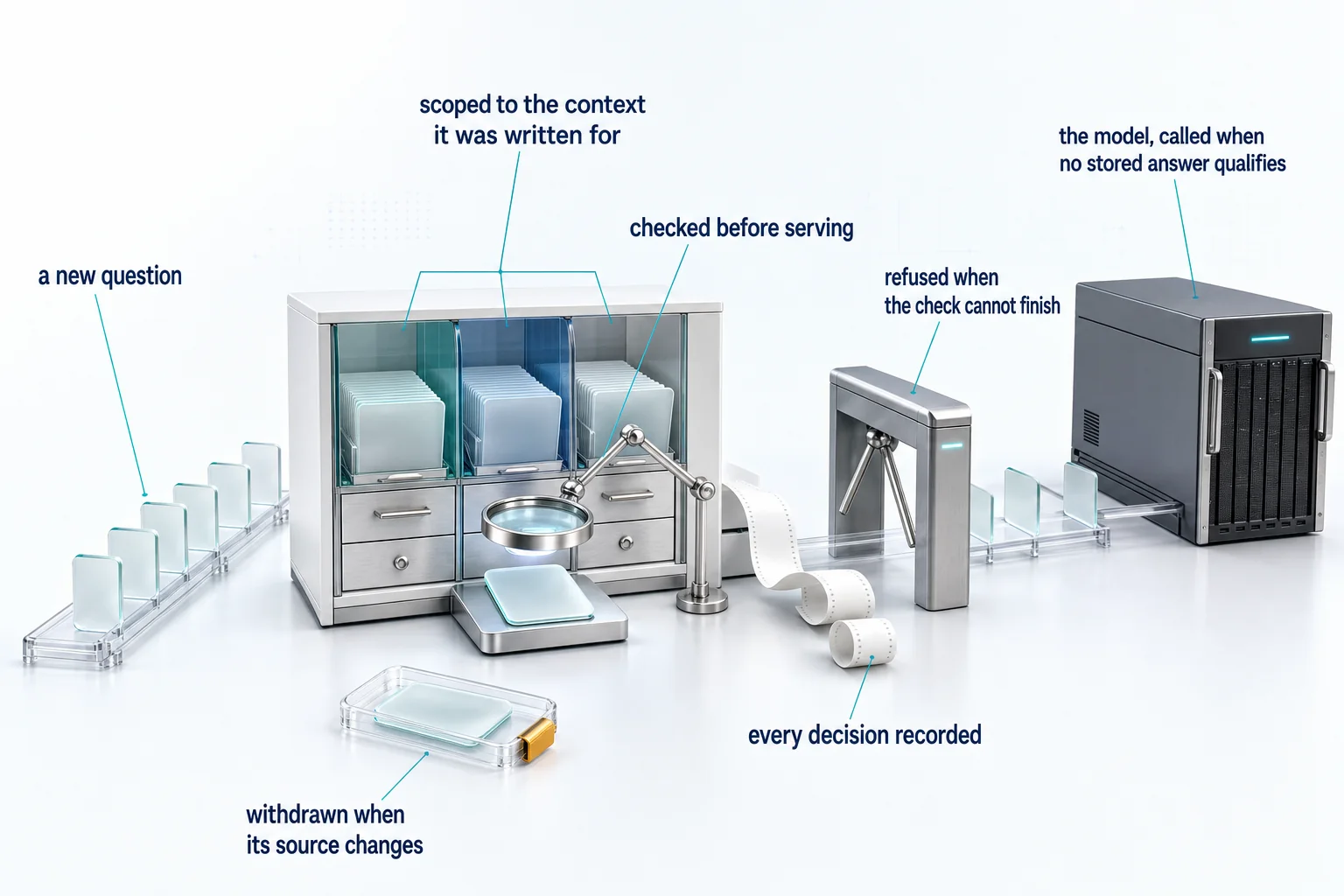 A semantic cache deciding whether a stored answer may be served, as objects on one white tabletop. A new question arrives on a rail. Stored answers wait in a cabinet of three separate glass compartments: scoped to the context it was written for. A lens over the answer about to leave: checked before serving. A drop-arm turnstile with its arm down: refused when the check cannot finish. One answer in a tray with an amber tab: withdrawn when its source changes. A paper tape from the cabinet: every decision recorded. At the far right a GPU server: the model, called when no stored answer qualifies.